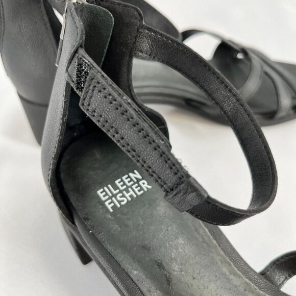 Eileen Fisher Noni Womens Size 7.5 Black Tumbled Leather Black Heel Hook & Loop - Picture 9 of 15